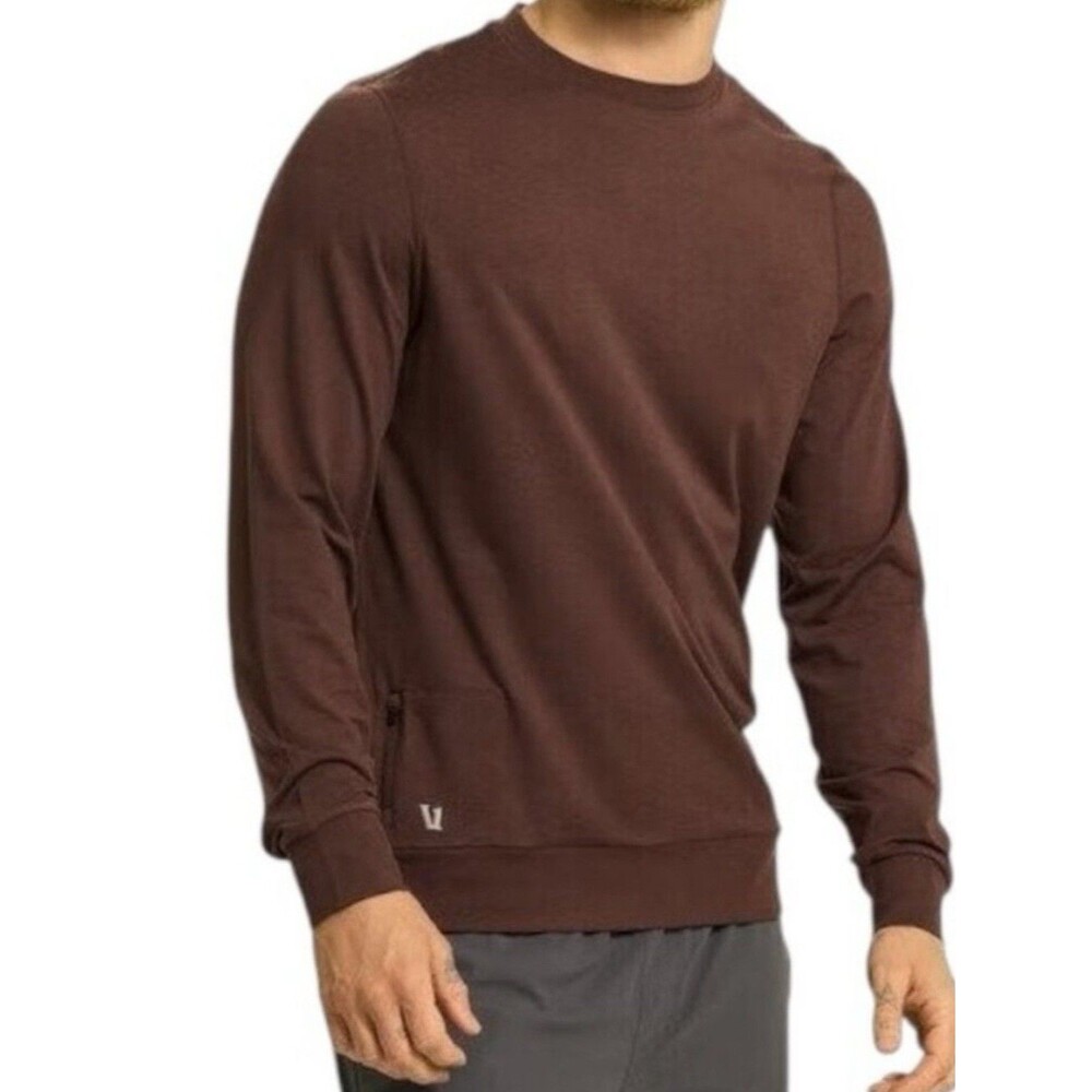 Vuori Ponto Performance Crew Sweatshirt Men M Brown Stretch Knit Zip Pocket